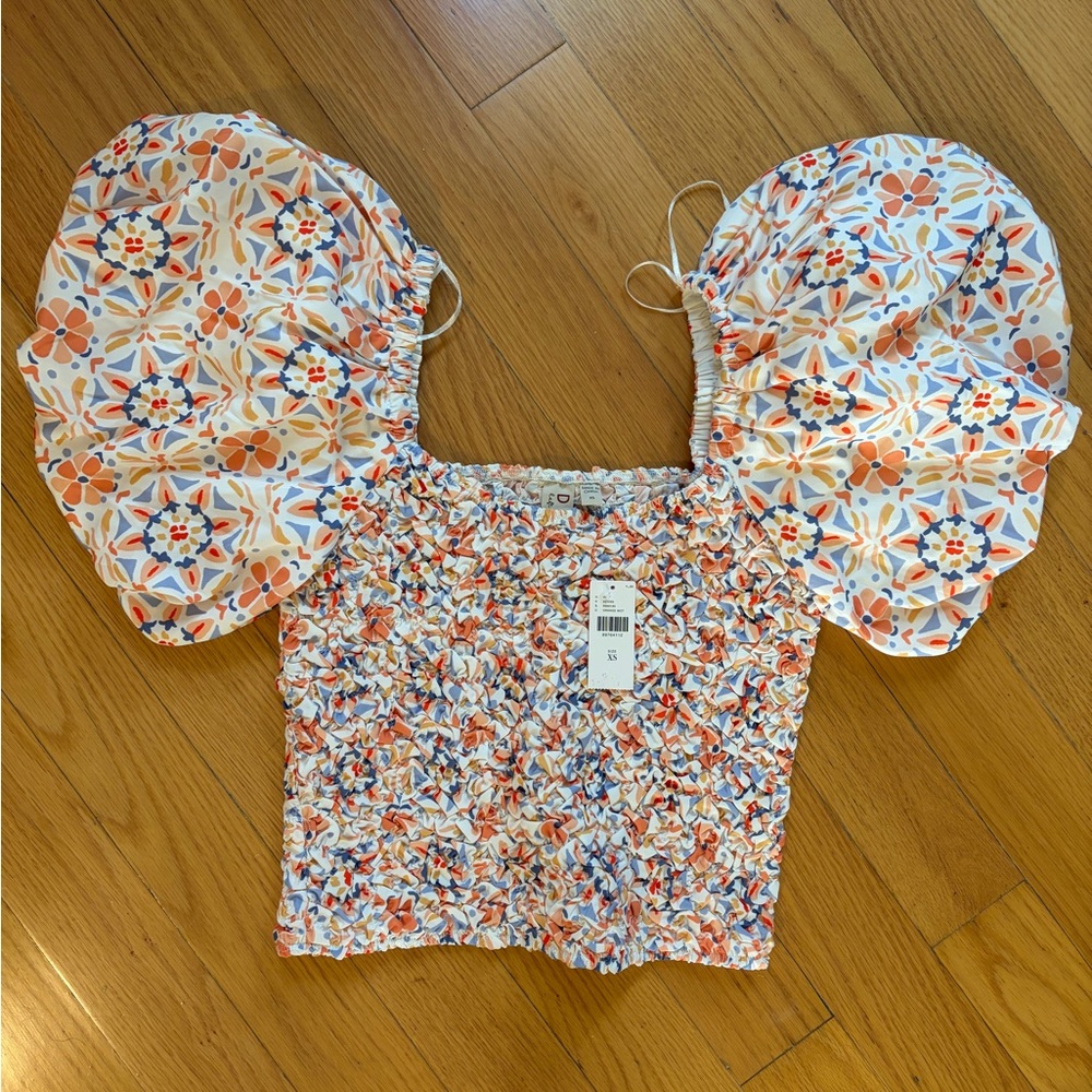 Anthropologie Multicolor Floral Puff Sleeve Blouse